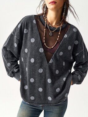 Black Casual Women's Polka Dot Long Sleeve Oversized Sweatshirt